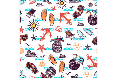 Summer seamless pattern with hand drawn vector elements - sunglasses&2C;