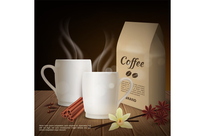 Vector realistic cup of coffee and toppings background