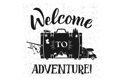 Welcome to adventure vector poster design with transport and suitcase