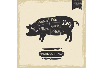 Butchers library vintage page - pork cutting vector poster design