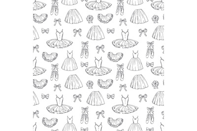 Hand sketched vector ballet dresses and shoes seamless pattern