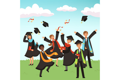 Happy international graduates with diplomas and graduation hats vector