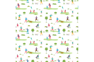 Outdoor activity seamless pattern. Cartoon characters walking peoples