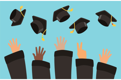 Students throw graduation caps into the air vector background