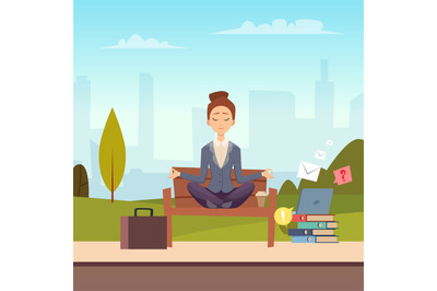 Businesswoman meditation in the city park vector illustration