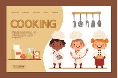 Cute kids chefs - cooking landing page banner template with cartoon ch