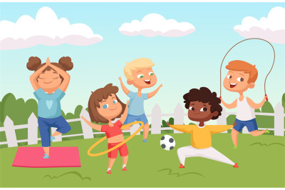 Happy active kids characters. Summer outdoor activity - childhood vect