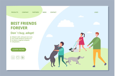 Happy people with adopt dogs. Dont buy, adopt vector landing page temp