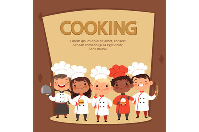 Kids characters prepare food. Cooking kids chefs banner vector templat