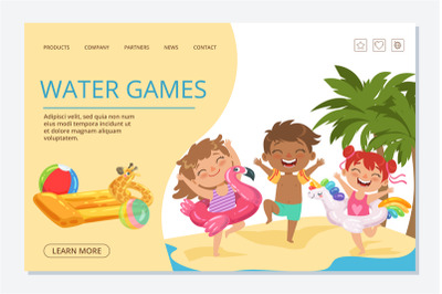 Kids water games vector landing page template. Happy summer kids chara