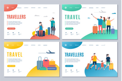 Travellers and travel landing page vector templates with adults and ki