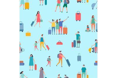 Vector travellers, people with suitcase and bags seamless pattern