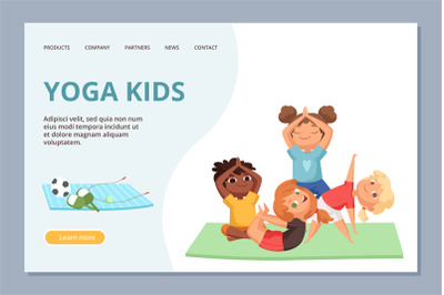 Yoga kigs characters. Kids sport and yoga training vector landing page