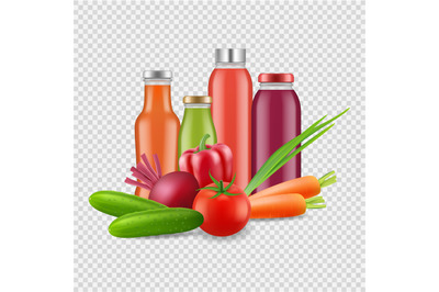 Fresh juices isolated on transparent background. Vector vegetables jui