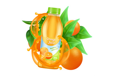 Fresh orange juice vector. Realistic juice bottle, leaves and orange i