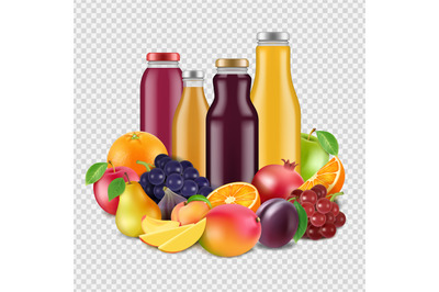 Realistic fruits and juices vector isolated on transparent background