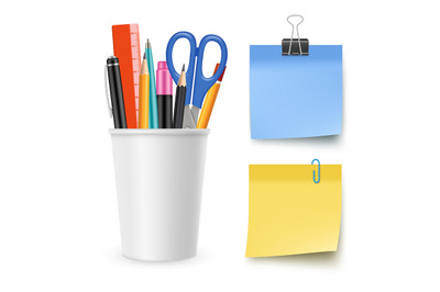 Realistic vector stationery collection. Pencil, pen, scissors, note pa