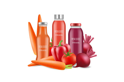 Vegetables juices vector illustration. Realistic juice bottles and veg