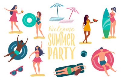 Beach summer party vector characters. International happy relaxing peo