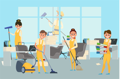 Cleaning staff team in office vector illustration