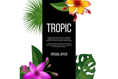 Exotic flowers vector sale banner. Tropical plants background