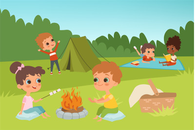 Kids summer camp vector background with children characters and campin