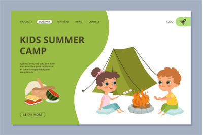 Kids summer camping vector web landing page