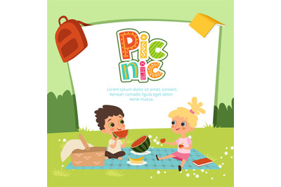 Picnic vector banner. Kids sitting in the garden and eat some fruits