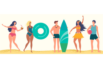 Summer beach vector characters. Happy boys and girls on sand beach