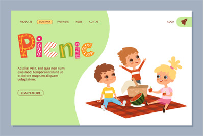 Summer picnic landing page. Vector kids characters