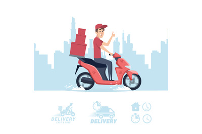 Delivery man cartoon. Vector delivery man on scooter and flat icons is