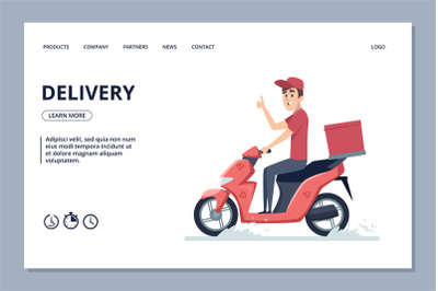 Delivery vector banner. Courier man on scooter and parcels