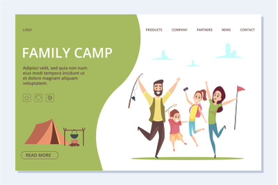 Family camp landing page. Vector happy cartoon family&2C; adventure time