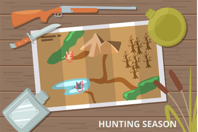 Hunting season vector background with map on wood table and hunting eq