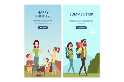 Summer camping vector banners. Family trip and travel illustration