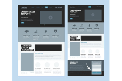 Landing wireframe. Internet web page ui template menu navigation video