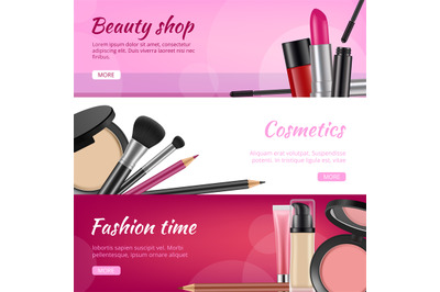 Cosmetic banners. Ads flyers with cosmetics products lipstick eye shad