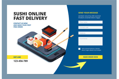 Food landing. Sushi seafood online restaurant menu order website form