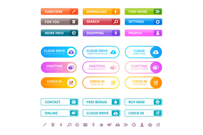 Web colored buttons. Internet ui flat elements menu colored buttons mo