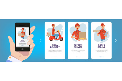 Onboarding screens. Internet web cards frame layout app for food pizza