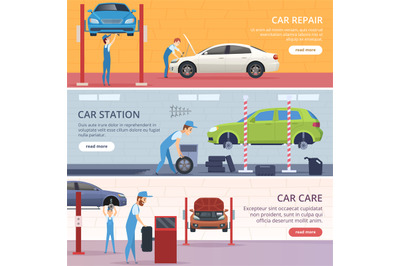 Car service banners. Mechanic workshop repair auto vector advertising