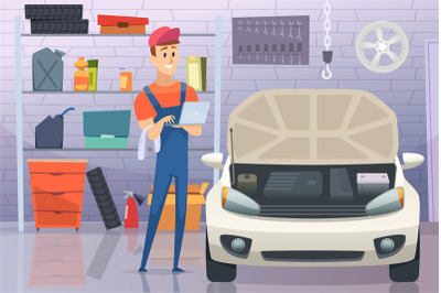 Mechanic in garage. Auto service man fixing repairing vehicle vector c