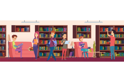 Library background. Kids students choosing books on the shelves in bib