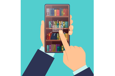 Ebook choose. Bookshelves on screen of smartphone smart education digi