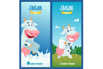 Milk banners. Cartoon funny cow advertising illustration with farm con