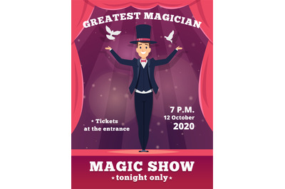 Magic poster invitation. Circus magician show placards vector template