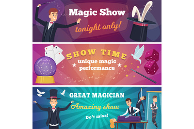 Circus party banners. Magic show with wizard characters circus tricks