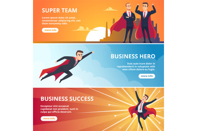 Superheroes business banners. Male characters business concept vector