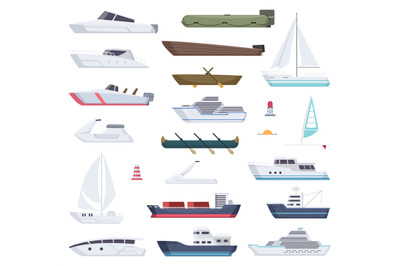 Boats. Water sea or ocean vessel small and big ships and sailor boats