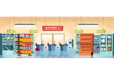 Supermarket background. Grocery store products gastronomy food retail